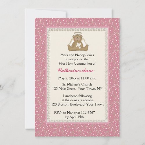 Angel Bear Pink White Daisy Religious Invitation