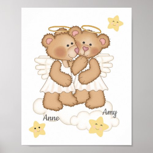 Angel Bear Twin Baby Girl Star Cloud Nursery Art Poster