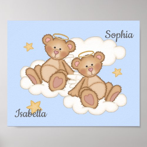 Angel Bears Clouds Stars Twin Girl Nursery Art  Poster