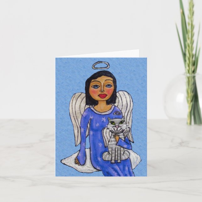 Angel Blue Dress on Cloud With White Angel Cat Holiday Card (Front)