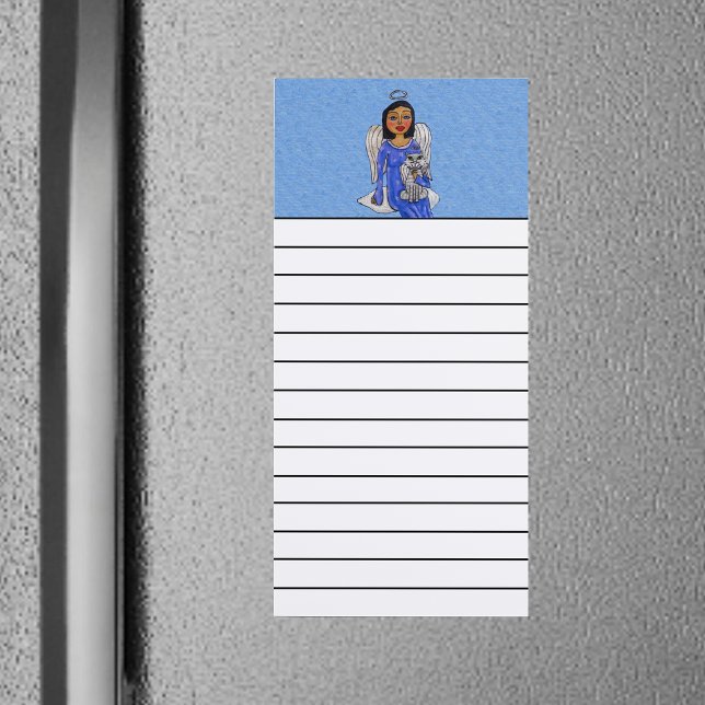 Angel Blue Dress With White Cat Sitting on Cloud Magnetic Notepad (Angel on cloud blue dress holding white angel cat on blue and white magnetic fridge notepad.)