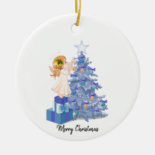 Angel Blue & Purple Christmas Tree Ceramic Ornament