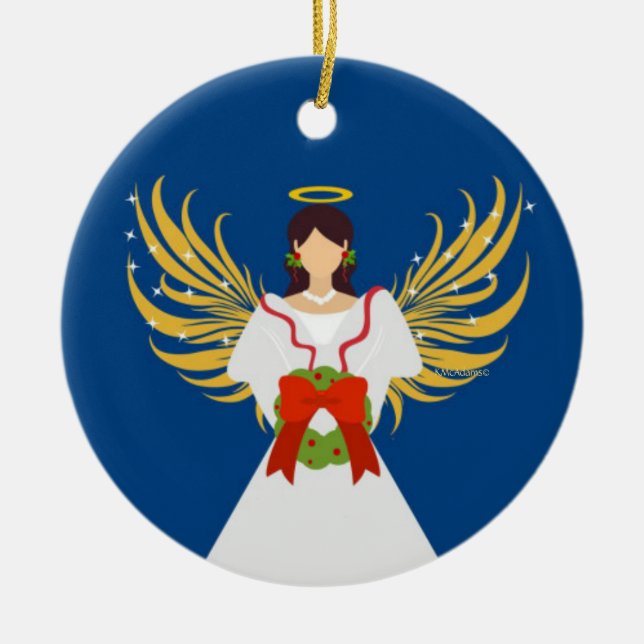 Angel Blue Red Green Wreath Wings Halo Stars Gift Ceramic Ornament (Front)
