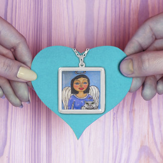 Angel Cat Angel on Cloud Folk Art Silver Plated Necklace