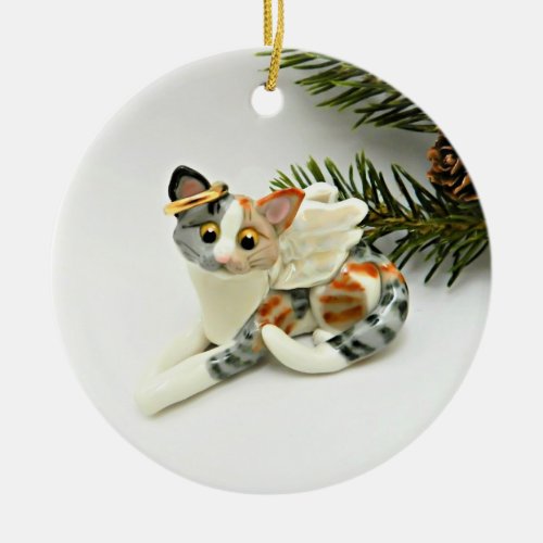 Angel Cat Calico Tabby Ceramic Ornament