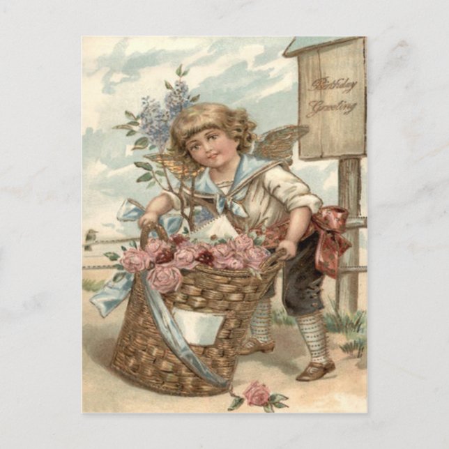 Angel Cherub Basket of Roses Birdhouse Postcard (Front)
