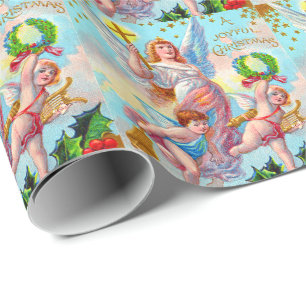 Angel Cherub Christian Cross Bell Wreath Holly Wrapping Paper