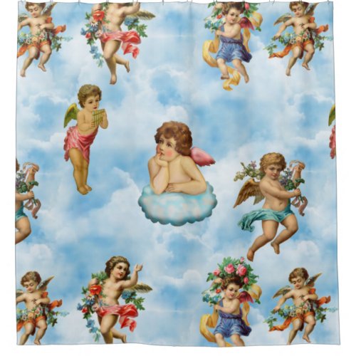 angel cherub clouds antique shower curtain