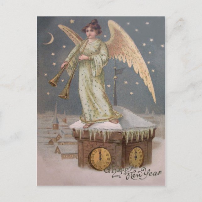 Angel Cherub Horn Clock Tower Moon Stars Postcard (Front)