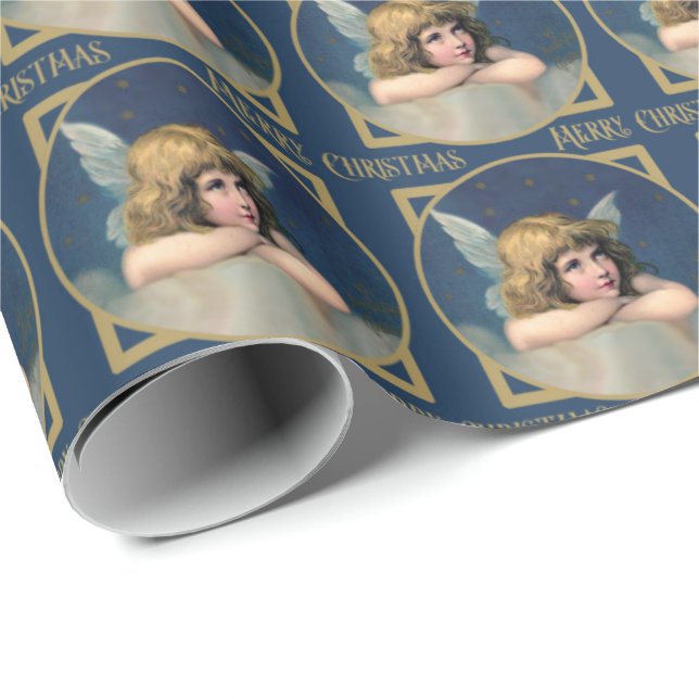 Angel  Cherub Merry Christmas Blue Gold Wrapping Paper (Roll Corner)