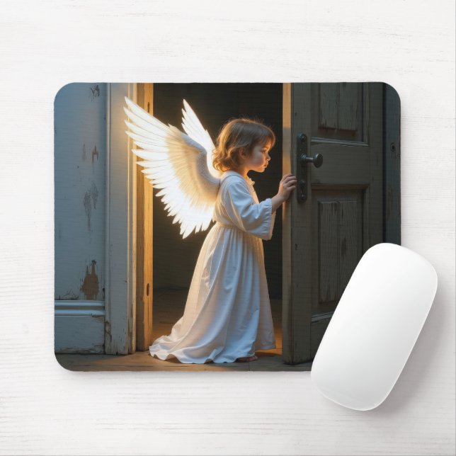 Angel Child Peering Around an Old Door Mouse Pad (With Mouse)