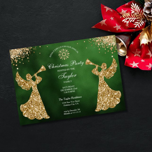 Angel Christmas Angel Family Dinner Party Invitation (religious family christmas party invitation with green background and gold trumpet angels)