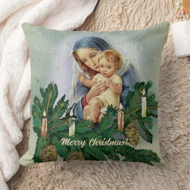 Angel Christmas Mery and Jesus in Candle Light Throw Pillow (Blanket)