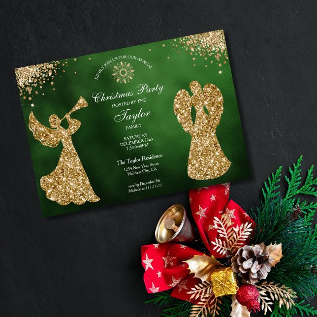 Angel Christmas Tree Family Dinner Party Invitation (religious family christmas party invitation with green background and gold trumpet angels)