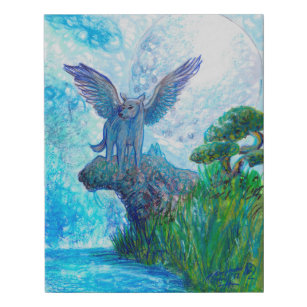 Angel Clouds Blue Wolf Full Moon Faux Canvas Print