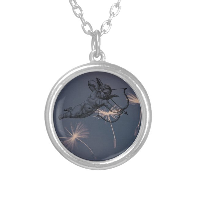 Angel Dandelion Dream Cupid Love Charm Silver Plated Necklace (Front)