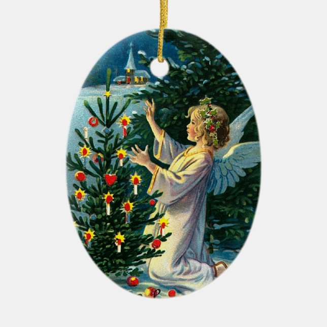 Angel Decorating Christmas Tree 2 Ceramic Ornament (Front)