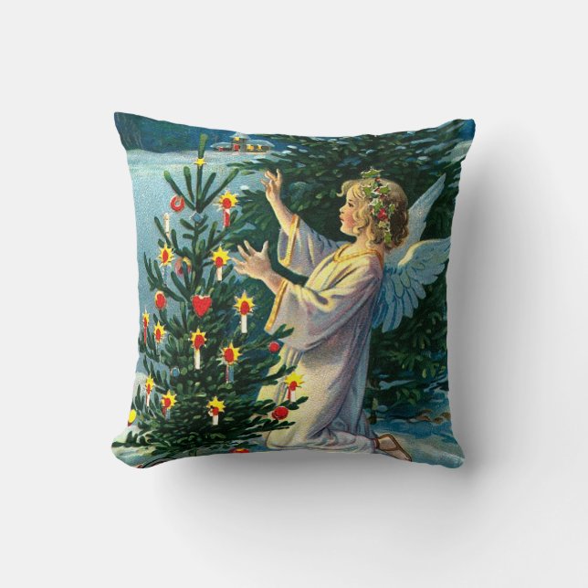 Angel Decorating Christmas Tree 2 Throw Pillow (Front)