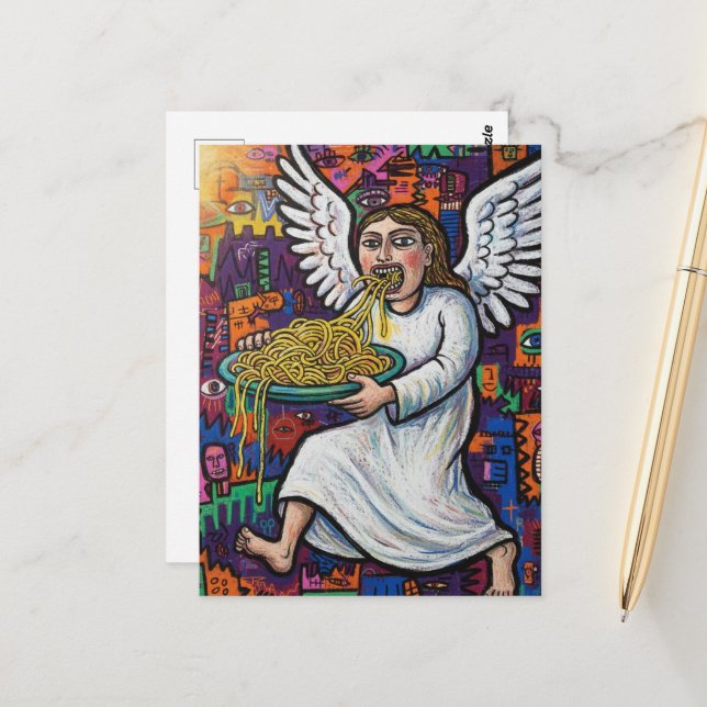 Angel Eating Spaghetti art brut style Postcard (Front/Back In Situ)