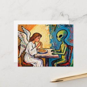 Angel Eating Spaghetti with an alien Postcard