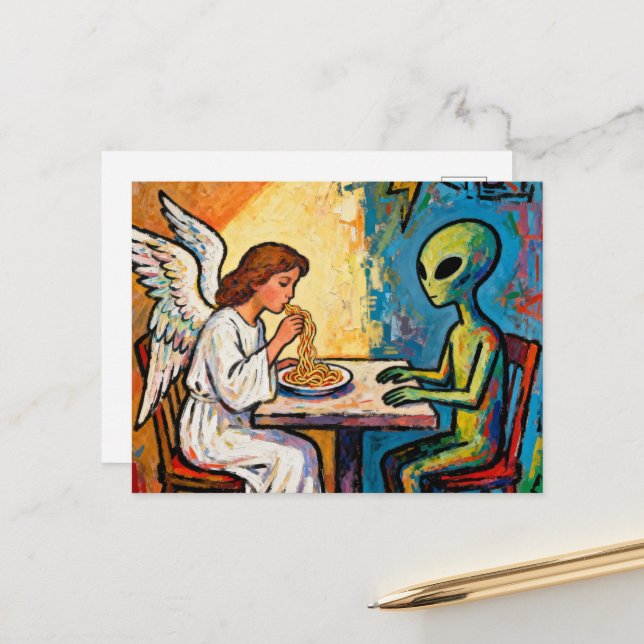 Angel Eating Spaghetti with an alien Postcard (Front/Back In Situ)