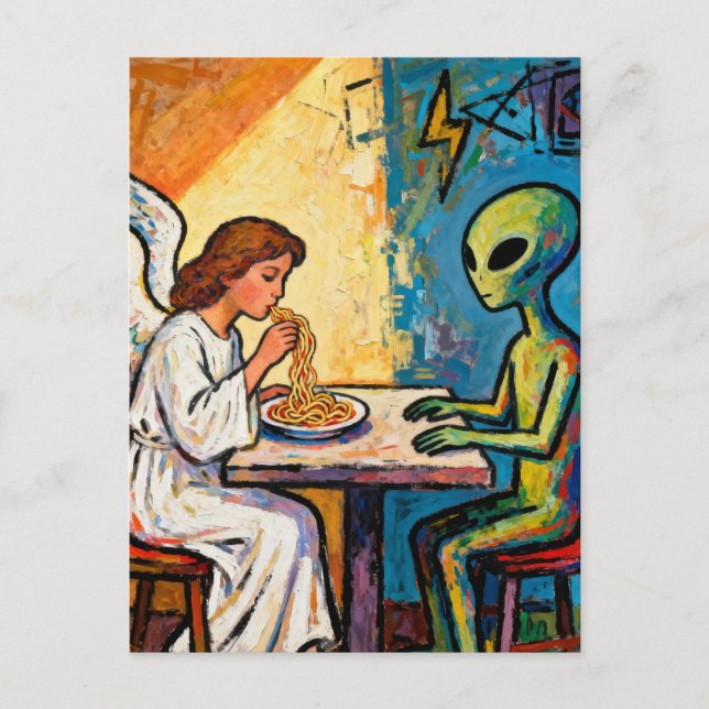 Angel Eating Spaghetti with an alien Postcard (Front)