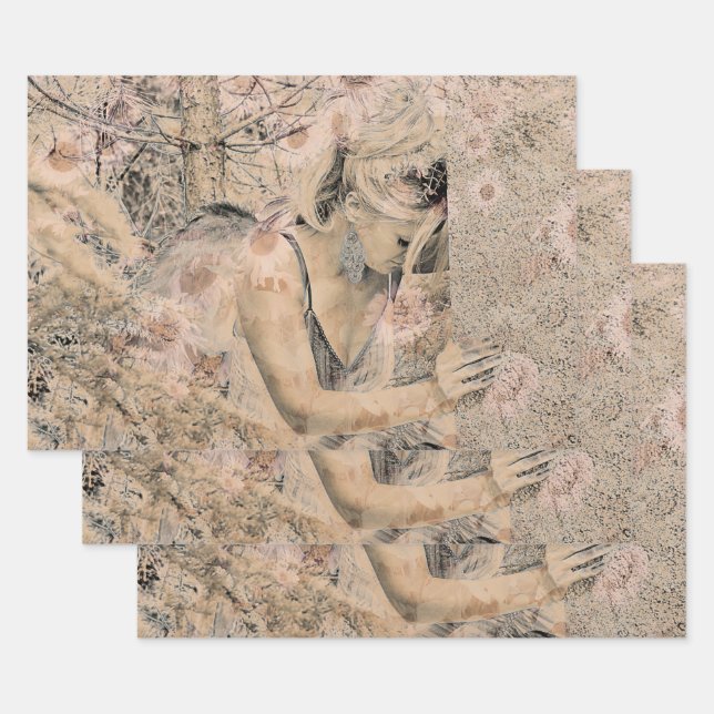 Angel Elegant Boho Antique Sepia Floral Wrapping Paper Sheets (Set)