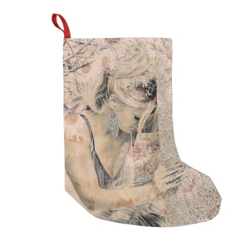 Angel Elegant Boho Floral Sepia Antique Small Christmas Stocking