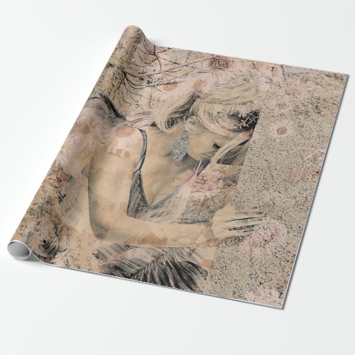 Angel Elegant Boho Floral Sepia Antique Wrapping Paper