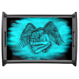 Angel Eros in Love , black and green design Serving Tray