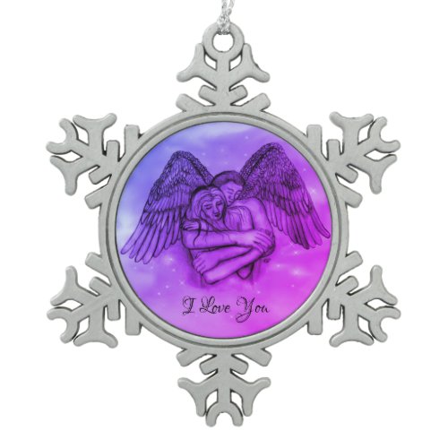 Angel Eros in Love , I Love You Snowflake Pewter Christmas Ornament