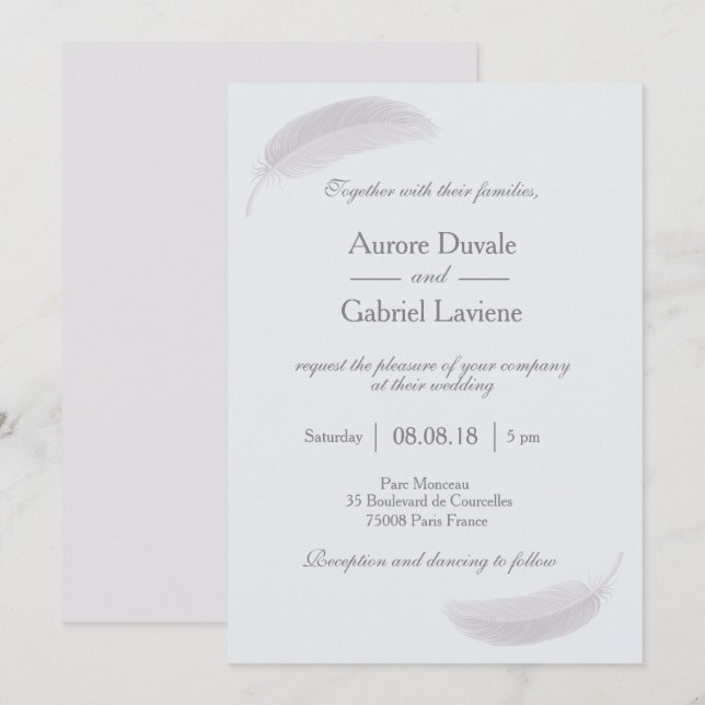 Angel feather baby blue white gray elegant wedding invitation (Front/Back)