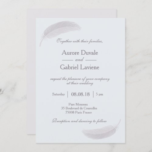 Angel feather baby blue white gray elegant wedding invitation