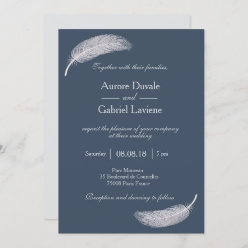 Angel feather blue gray positive energy wedding invitation