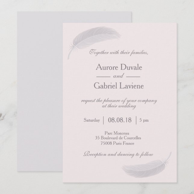 Angel Feather Blush Pink Gray Elegant Wedding Invitation (Front/Back)
