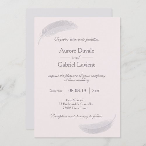 Angel Feather Blush Pink Gray Elegant Wedding Invitation