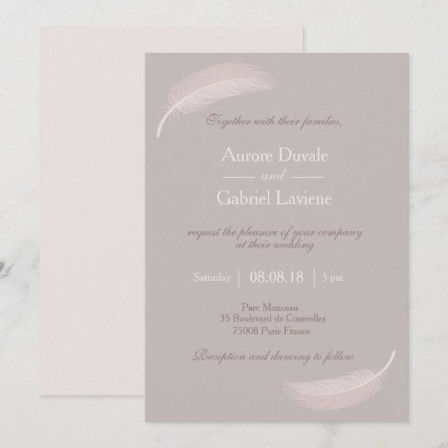 Angel feather blush pink taupe elegant wedding invitation (Front/Back)
