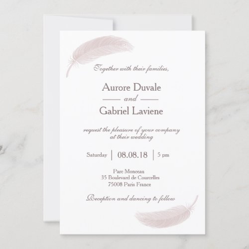 Angel feather blush pink white elegant wedding invitation