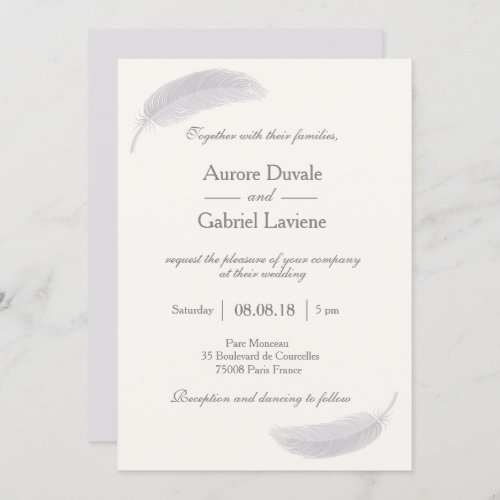Angel feather champagne white gray elegant wedding invitation