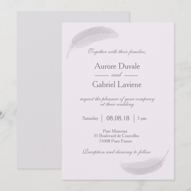 Angel feather lilac gray positive energy wedding invitation (Front/Back)