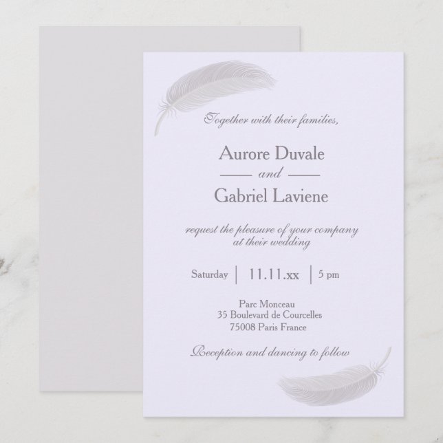 Angel Feather Lilac Lavender Gray Wedding Invitation (Front/Back)