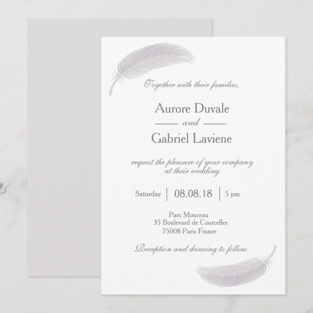 Angel Feather Lilac White Gray Elegant Wedding Invitation (Front/Back)
