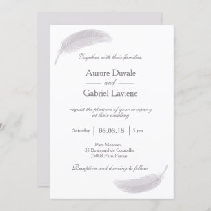 Angel Feather Lilac White Gray Elegant Wedding Invitation