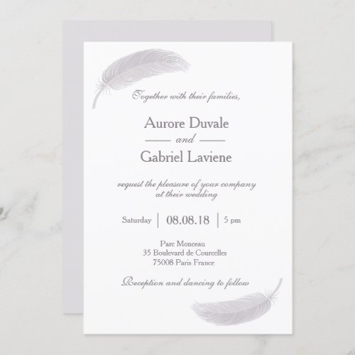 Angel Feather Lilac White Gray Elegant Wedding Invitation