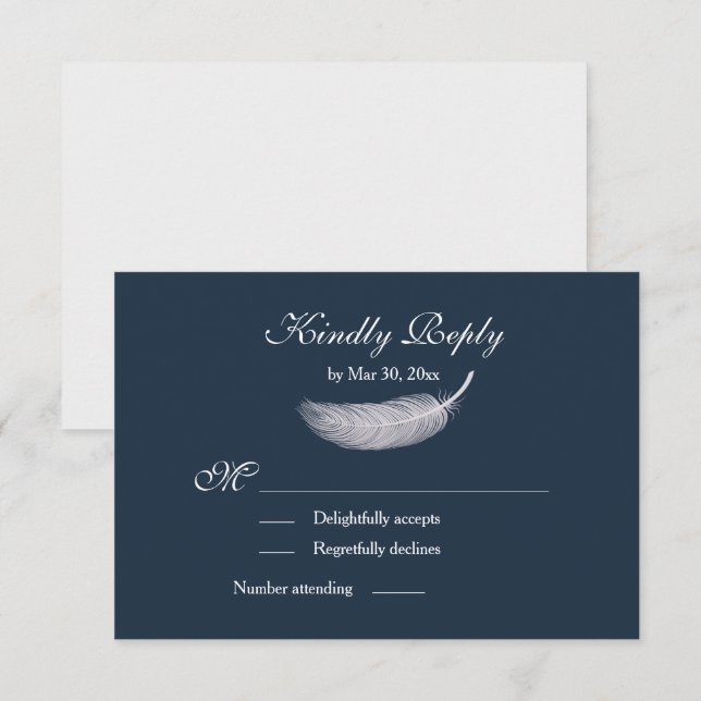 Angel Feather Navy Blue White Wedding RSVP Invitation (Front/Back)