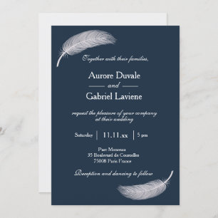 Angel Feather Navy Blue White Whimsical Wedding Invitation