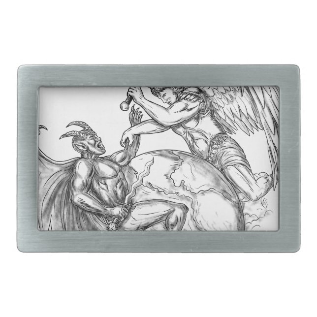 Angel Fighting Demon over Earth World Tattoo Belt Buckle (Front)