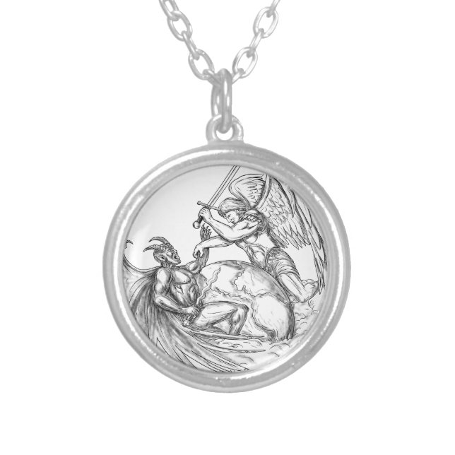 Angel Fighting Demon over Earth World Tattoo Silver Plated Necklace (Front)