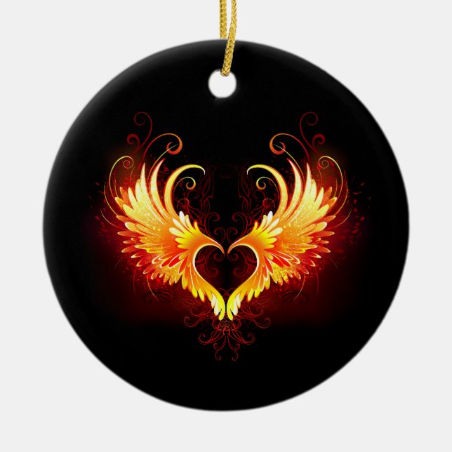 Angel Fire Heart with Wings Ceramic Ornament (Front)