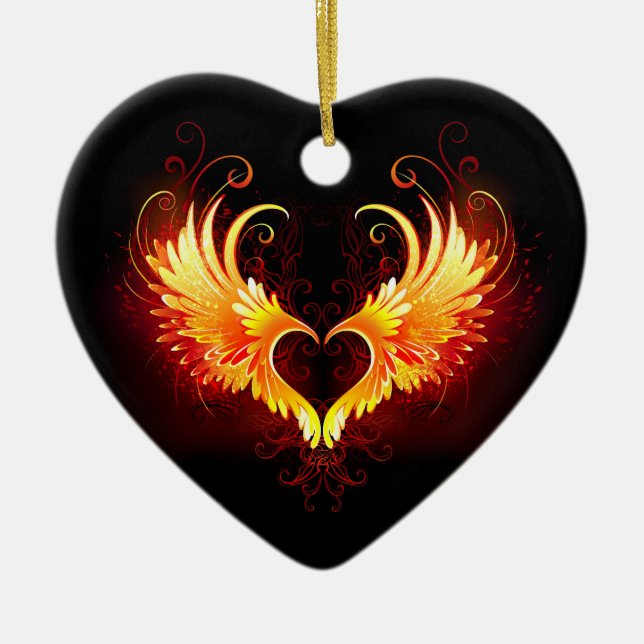 Angel Fire Heart with Wings Ceramic Ornament (Front)